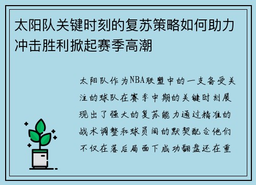 太阳队关键时刻的复苏策略如何助力冲击胜利掀起赛季高潮 太阳队关键时刻的复苏策略如何助力冲击胜利掀起赛季高潮
