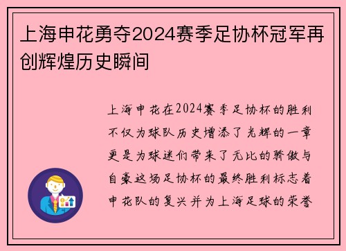 上海申花勇夺2024赛季足协杯冠军再创辉煌历史瞬间