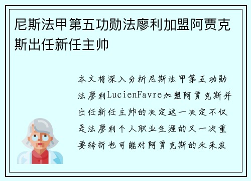 尼斯法甲第五功勋法廖利加盟阿贾克斯出任新任主帅