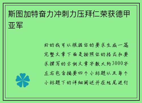 斯图加特奋力冲刺力压拜仁荣获德甲亚军